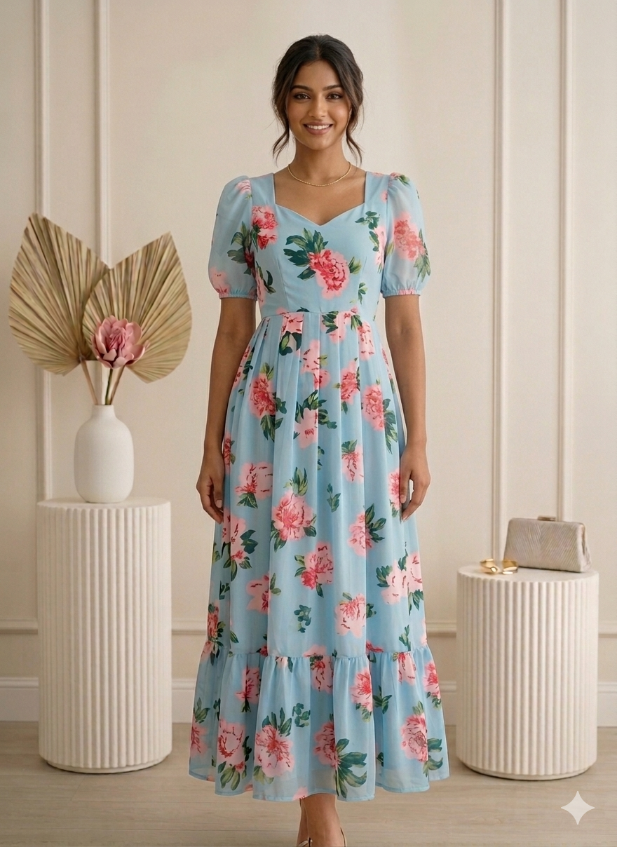 Sky blue floral zipper georgette feeding maxi